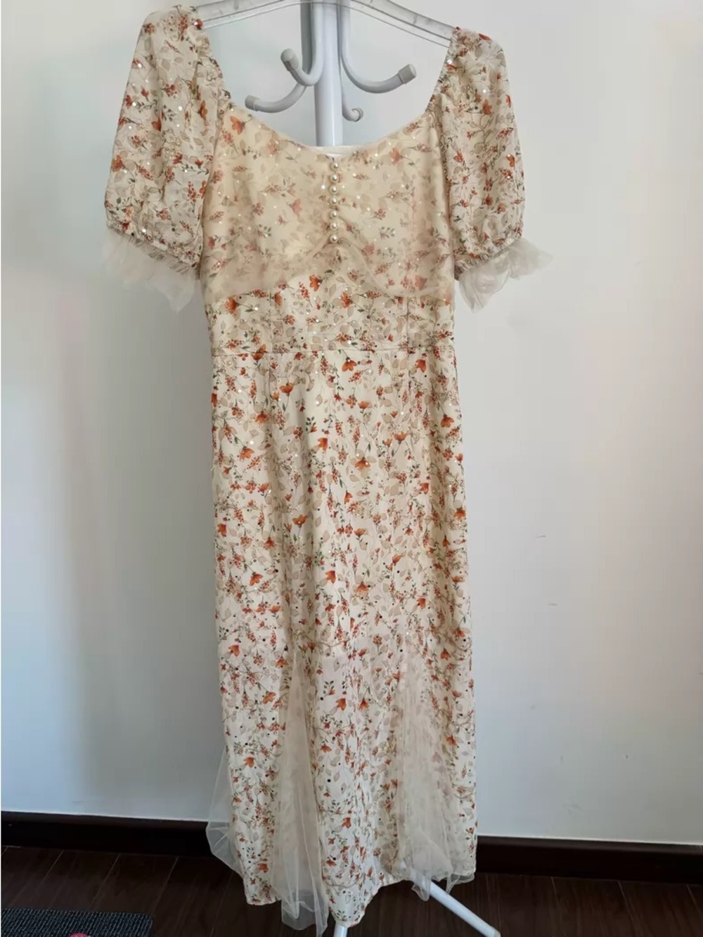 Cream Floral Midi Dress with Puff Sleeves